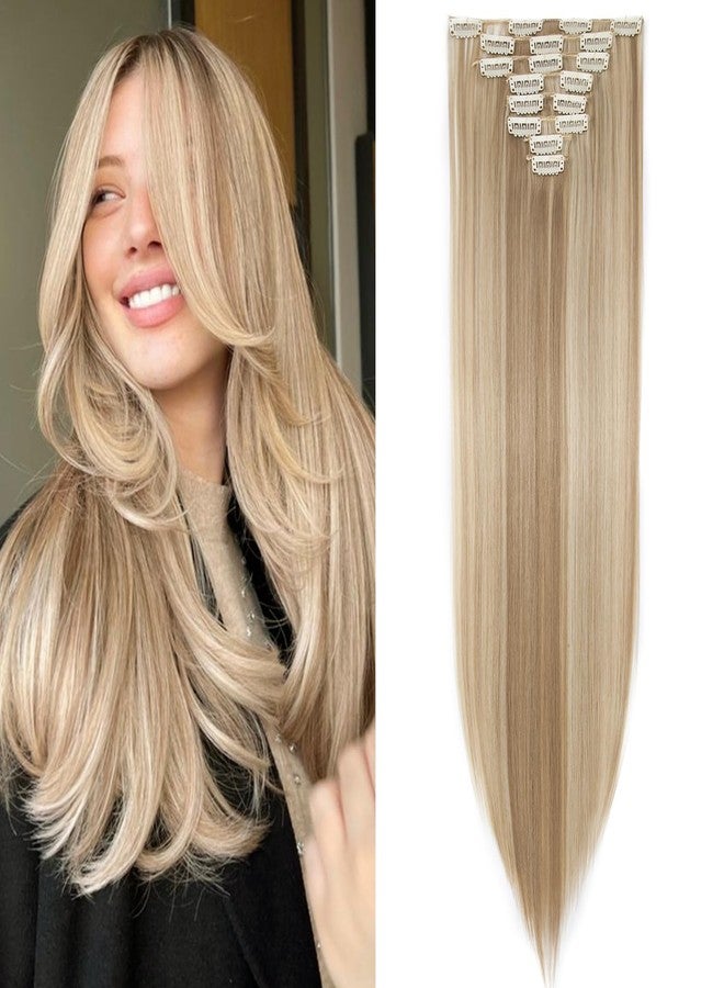 S-noilite 8pcs Clip In On Hair Extension 26" Full Head Long Straight Mixed Blonde Clip in Hair Extenisons Thick Synthetic Hairpieces for Women (26", Sandy Blonde Mix Bleach Blonde) - Image 1
